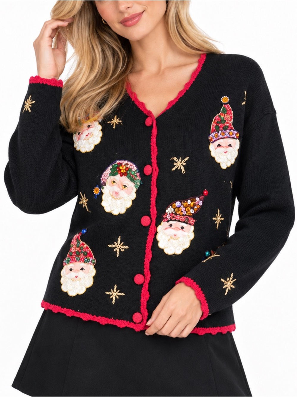 Vintage Holiday Bling Santa Christmas Cardigan L Sequin Beaded Ugly Sweater